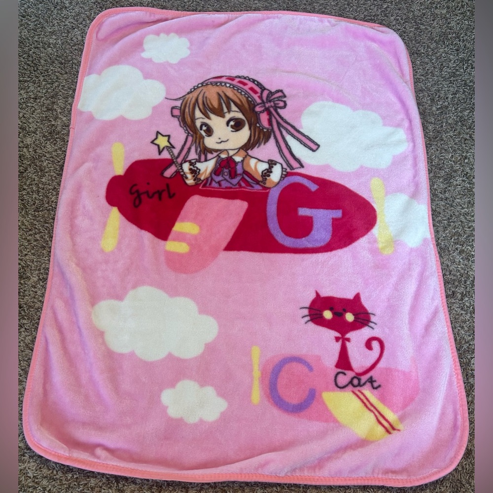 Vintage cartoon girl blanket fleece G pink airplane cat clouds mink